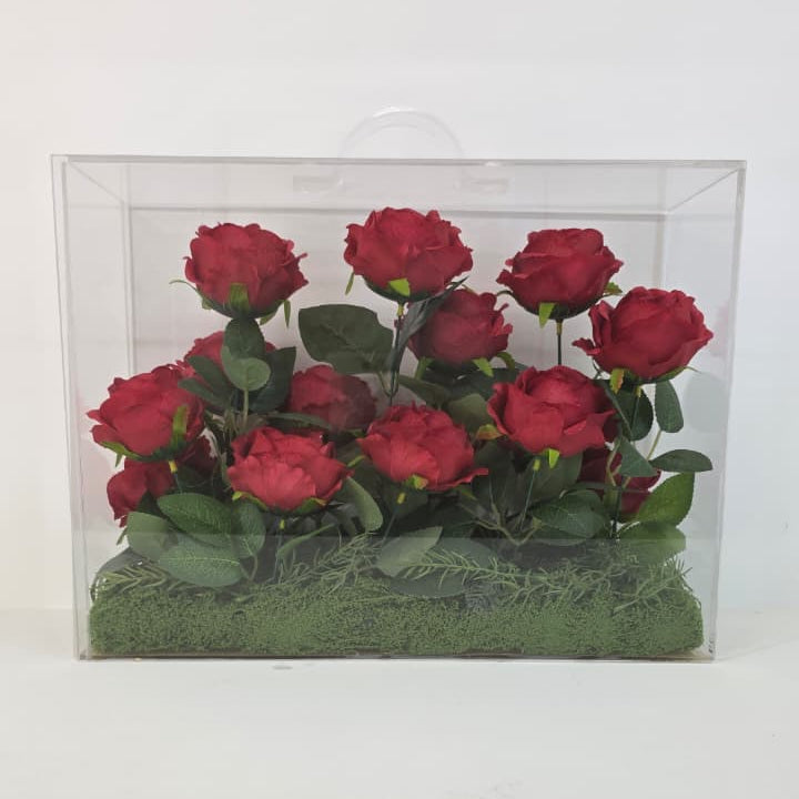 Red roses in a clear plastic packaging on a white background